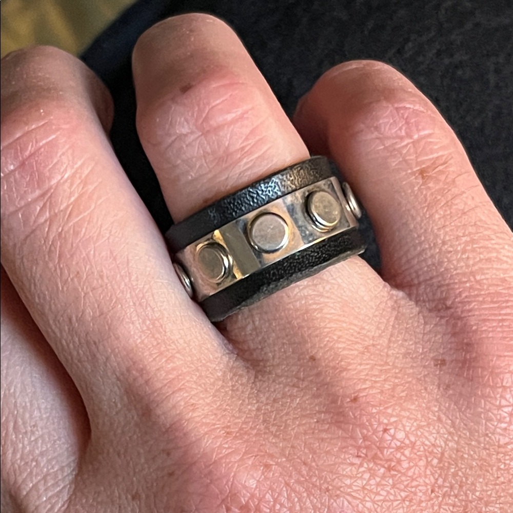 Artisan Black Leather Ring with Silver Stud Accents